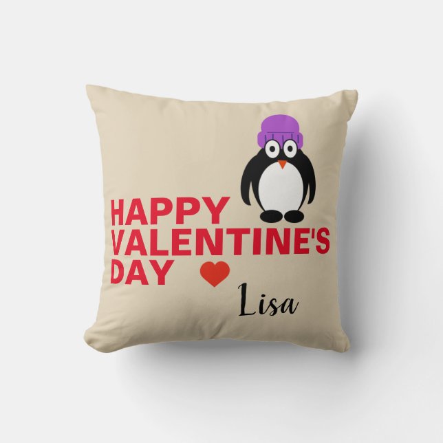 Pinguïn met Paarse Pet Valentijnsdag Kussen (Voorkant)
