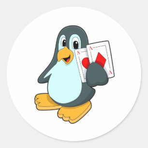 Pinguïn met Pokerkaarten Ronde Sticker