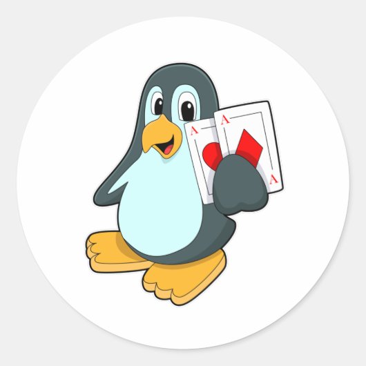 Pinguïn met Pokerkaarten Ronde Sticker (Voorkant)
