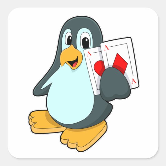 Pinguïn met Pokerkaarten Vierkante Sticker (Voorkant)