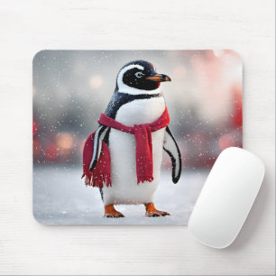 Pinguïn met rode sjaal in sneeuwvlokken muismat