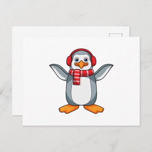 Pinguïn met sjaal en hoofdtelefoon briefkaart (Voorkant / Achterkant)