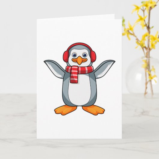 Pinguïn met sjaal en hoofdtelefoon kaart (Gele Bloem)