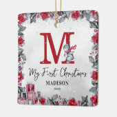 Pinguïn Monogram Baby Stats Eerste Kerstmis Keramisch Ornament (Links)