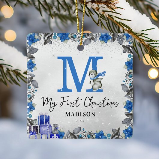 Pinguïn Monogram Baby Stats Eerste Kerstmis Keramisch Ornament
