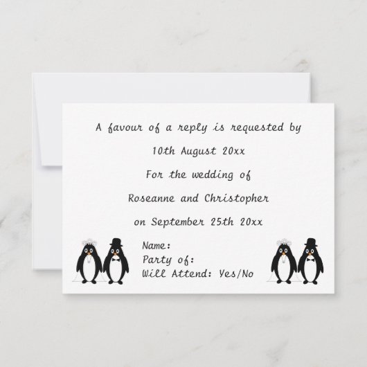 Pinguïn Ontwerp Bruiloft RSVP (Achterkant)