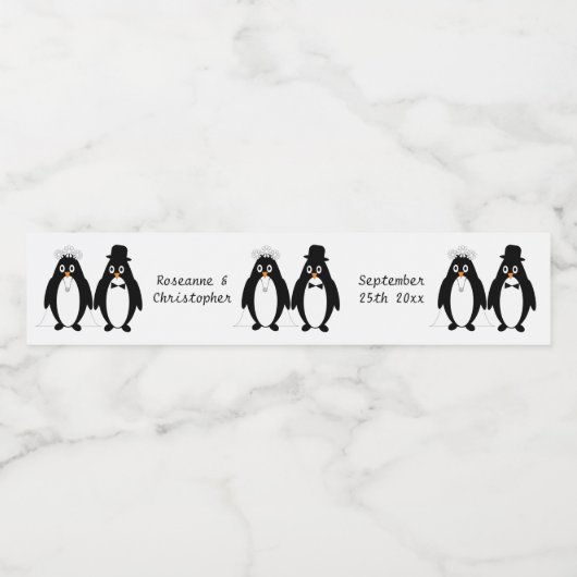 Pinguïn ontwerp bruiloft waterfles etiket (Enkel label)