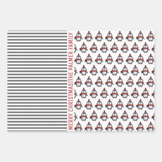 Pinguïn, panda, beer en strepen Kerst Inpakpapier Vel (Voorkant)