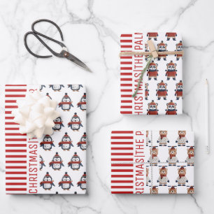 Pinguïn, panda, beer, rode strepen Zuurkerst Inpakpapier Vel
