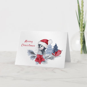 Pinguïn Rode Poinsettia slee Watercolor Kerstmis Feestdagen Kaart