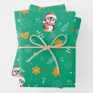 Pinguïn Santa Happy Merry Kerstmis boom patroon Inpakpapier Vel