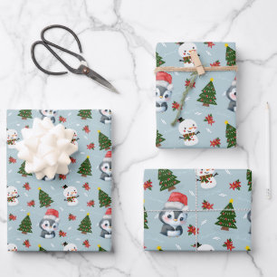 Pinguïn Santa Happy Merry Kerstmis boom patroon Inpakpapier Vel