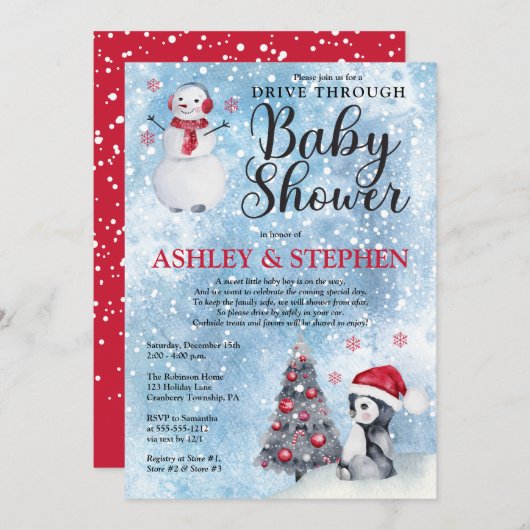 Pinguïn Sneeuwman Winter Drive Thru Jongens Baby S Kaart (Voorkant / Achterkant)