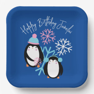 Pinguïn Verjaardag Sneeuwvlokken Roze Blauw Winter Papieren Bordje