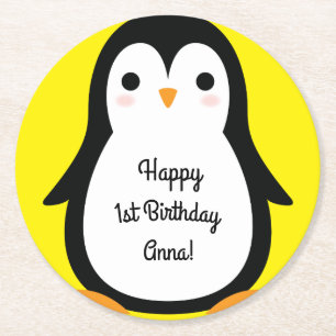 Pinguïn verjaardagsfeestje ronde kartonnen onderzetter