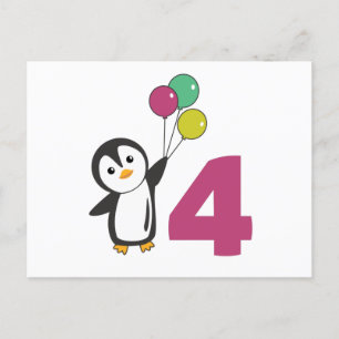 Pinguïn vierde verjaardagsballonnen voor kinderen briefkaart