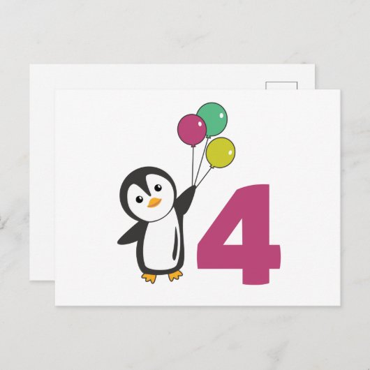 Pinguïn vierde verjaardagsballonnen voor kinderen briefkaart (Voorkant / Achterkant)