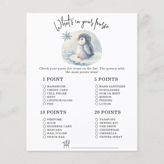 Pinguïn - Wat in je tas baby shower (Voorkant)