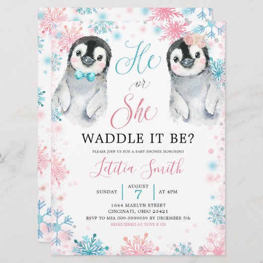 Pinguïn Winter Gender Reopenbaarheid Kaart (Voorkant / Achterkant)