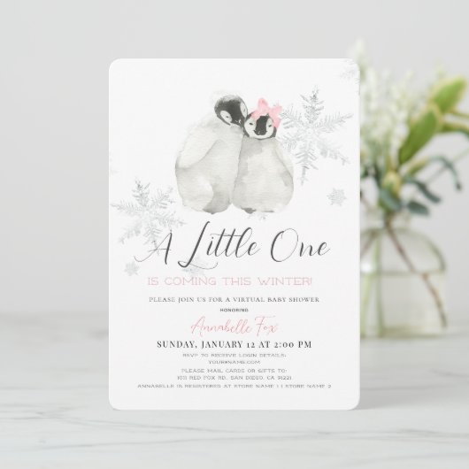 Pinguin Winter Snowflake Pink Virtual Baby shower Kaart (Staand voorkant)