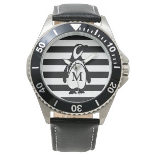 Pinguïn Zwart-witte Strepen Monogram Modern Horloge
