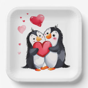 Pinguïnpaar met rode harten papieren bordje