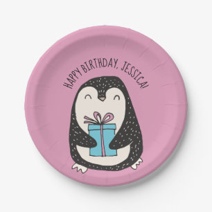 Pinguïnroze gepersonaliseerde verjaardag papieren bordje