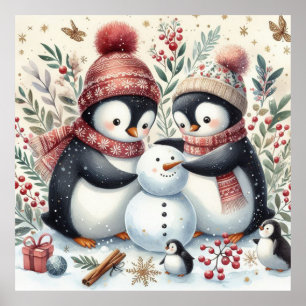 Pinguïns bouwen een sneeuwpop poster
