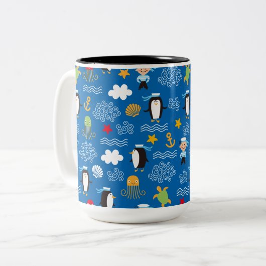 Pinguïns en zeelieden tweekleurige koffiemok (Voorkant links)