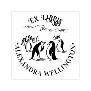 Pinguïns Ex Libris Bibliotheek Boek Naam #1 Ronde Zelfinktende Stempel