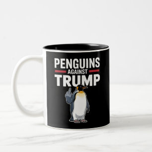 Pinguïns Flippers Omhoog Verzetten Zich Tegen Trum Tweekleurige Koffiemok