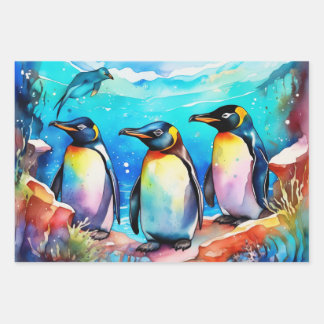 Pinguïns Huddling in Waterverf Snowy Landscape Inpakpapier Vel