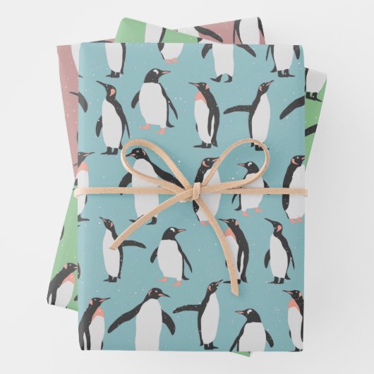 Pinguïns in het sneeuwpatroon inpakpapier vel (In situ)