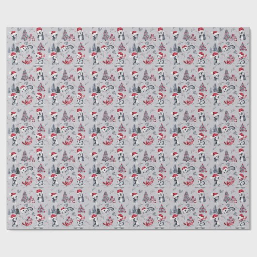 Pinguïns in Santa Hats Winter Scene Grey Pattern  Cadeaupapier (Vlak)