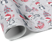Pinguïns in Santa Hats Winter Scene Grey Pattern  Cadeaupapier (Rol Hoek)