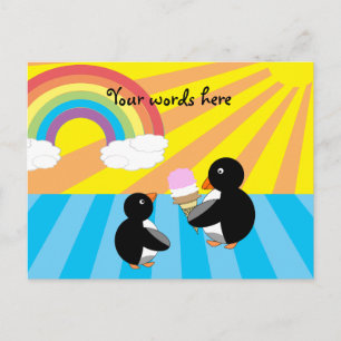 Pinguïns met ijs en regenboog briefkaart