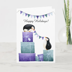 Pinguïns met Paarse en Blauwgroen kerstcadeautjes Feestdagen Kaart