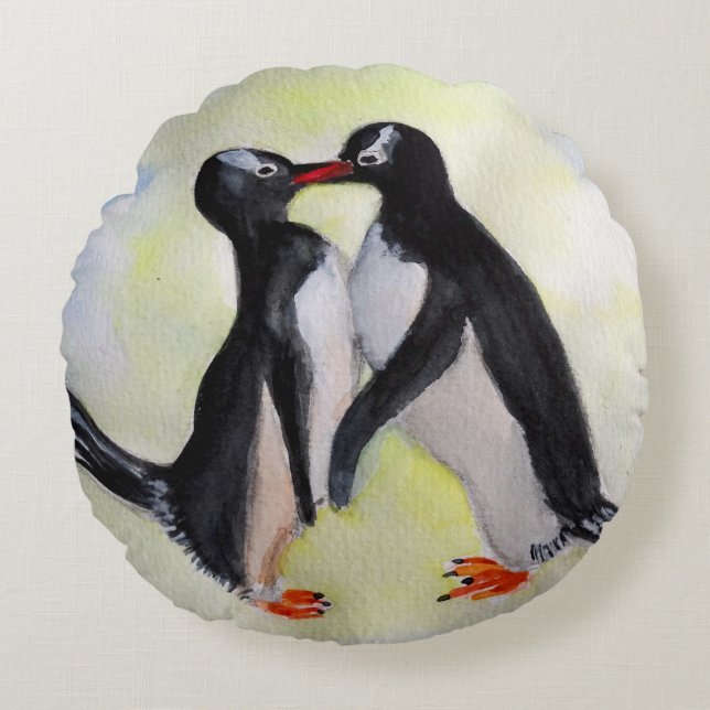 Pinguïns Polyester Ronde met penseelbuffer Rond Kussen (Voorkant)