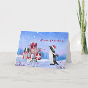 Pinguïns Rode Pakketten Waterverf Kerstmis Feestdagen Kaart
