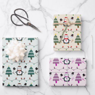 Pinguïns Vakantie Lichten Kerstbomen Kerstmis Inpakpapier Vel