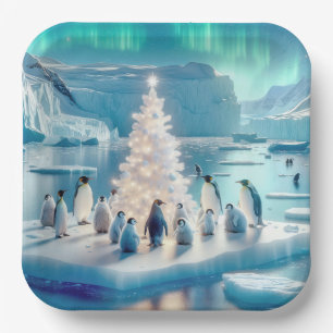 Pinguïns verzamelen zich rond een kerstboom papieren bordje