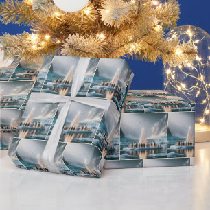 Pinguïns verzamelen zich rond een witte kerstboom cadeaupapier