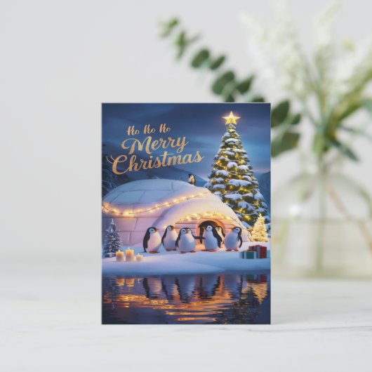 Pinguïns vieren het in Igloo met Kerstboom Briefkaart (Staand voorkant)