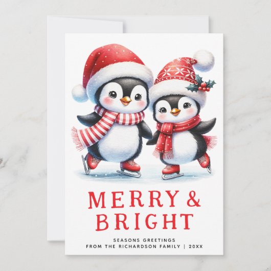 Pinguïns Vrolijk Helder Wit Rood Modern Kerstmis Feestdagenkaart (Voorkant)