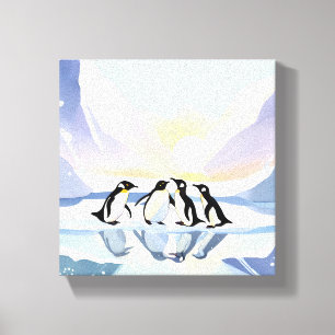 Pinguïns Winter Aquarel Sneeuw en Ijs Schattig Canvas Afdruk