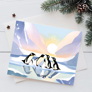 Pinguïns Winter Aquarel   Sneeuw en Ijs Schattig Feestdagenkaart