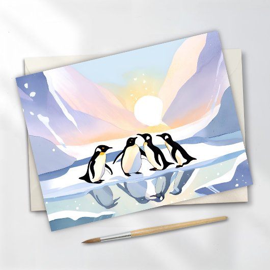 Pinguïns Winter Waterverf | Sneeuw en ijs Schattig Briefkaart