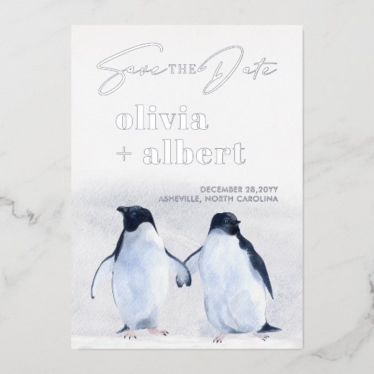 Pinguïns Zilveren Winter Elegant Save The Date Folie Uitnodiging (Voorkant)