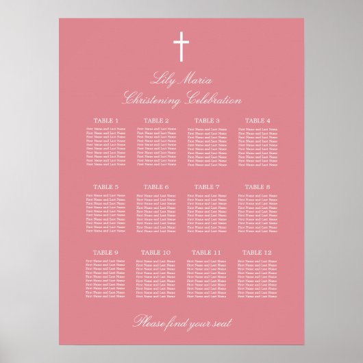 Pink 12 Table Christening Seating Chart Poster (Devant)