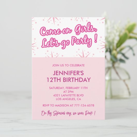 Pink 12e anniversaire invitations mode fun tendanc (Debout devant)